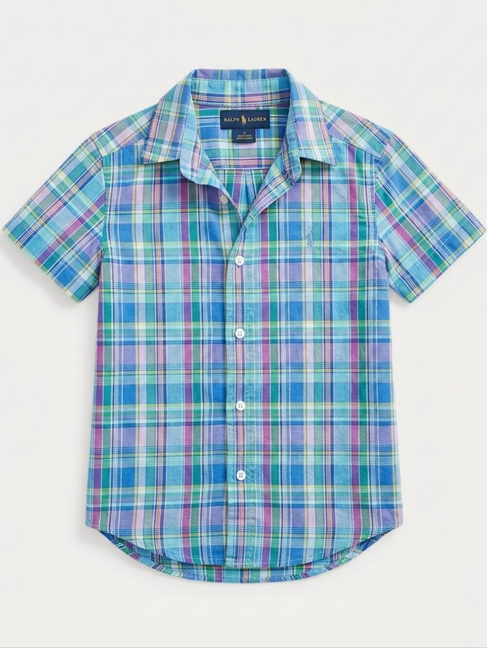 Ralph Lauren Blue, Teal & Purple Plaid Short-Sleeve Button Down Shirt